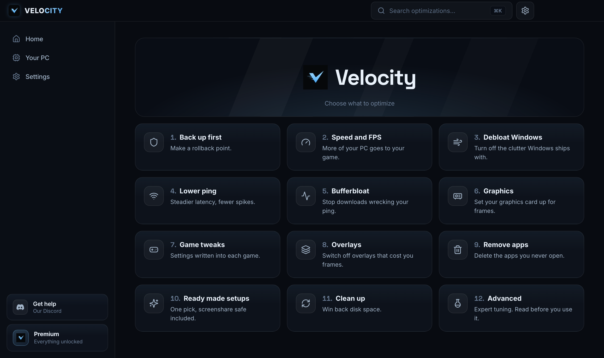 The Velocity app: twelve numbered sections, from Back up first through Speed and FPS, Lower ping and Remove apps.